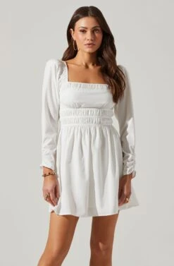 Cinched Waist Long Sleeve Mini Dress -Sundress Haven ADR101577 WHITE 2