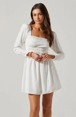 Cinched Waist Long Sleeve Mini Dress -Sundress Haven ADR101577 WHITE 3