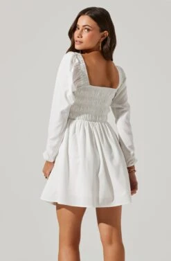 Cinched Waist Long Sleeve Mini Dress -Sundress Haven ADR101577 WHITE 4