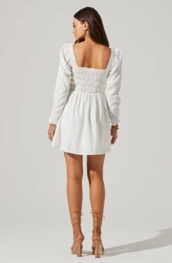 Cinched Waist Long Sleeve Mini Dress -Sundress Haven ADR101577 WHITE 5