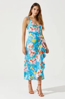 Satin Front Tie Wrap Floral Midi Dress -Sundress Haven ADR101683 CAPRIBLUEFLORAL 2