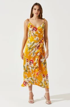 Satin Front Tie Wrap Floral Midi Dress -Sundress Haven ADR101683 YELLOWFLORAL 1