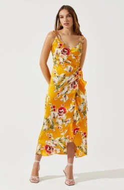 Satin Front Tie Wrap Floral Midi Dress -Sundress Haven ADR101683 YELLOWFLORAL 2