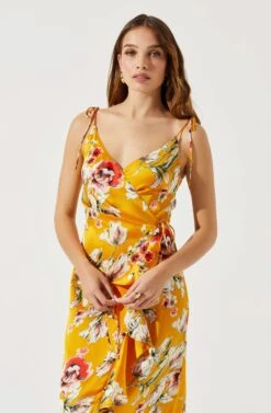 Satin Front Tie Wrap Floral Midi Dress -Sundress Haven ADR101683 YELLOWFLORAL 3