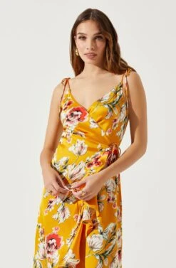 Satin Front Tie Wrap Floral Midi Dress -Sundress Haven ADR101683 YELLOWFLORAL 4