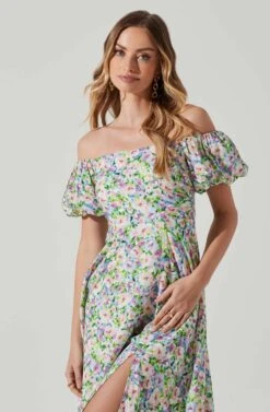 Off Shoulder Puff Sleeve Midi Dress -Sundress Haven ADR101706 PURPLEMULTIFLORAL 4