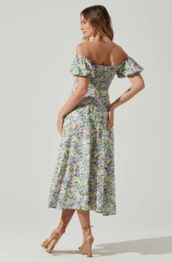 Off Shoulder Puff Sleeve Midi Dress -Sundress Haven ADR101706 PURPLEMULTIFLORAL 6