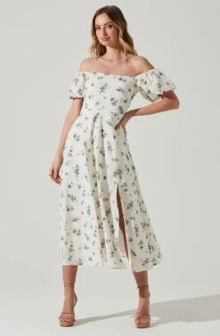 Off Shoulder Puff Sleeve Midi Dress -Sundress Haven ADR101706 WHITEBLUEFLORAL 1