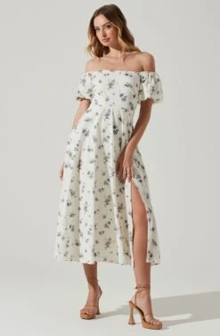 Off Shoulder Puff Sleeve Midi Dress -Sundress Haven ADR101706 WHITEBLUEFLORAL 2