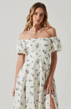 Off Shoulder Puff Sleeve Midi Dress -Sundress Haven ADR101706 WHITEBLUEFLORAL 3