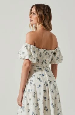 Off Shoulder Puff Sleeve Midi Dress -Sundress Haven ADR101706 WHITEBLUEFLORAL 5