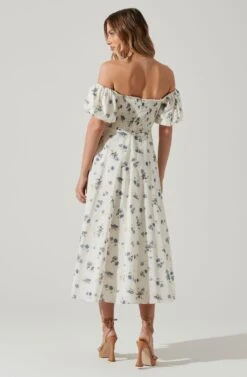 Off Shoulder Puff Sleeve Midi Dress -Sundress Haven ADR101706 WHITEBLUEFLORAL 6
