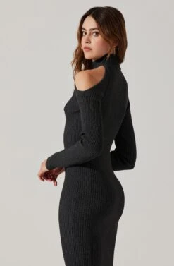 Cold Shoulder Mock Neck Midi Sweater Dress -Sundress Haven ADR101869 CHARCOAL 6