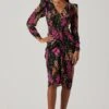 Floral Plunge Ruched Long Sleeve Midi Dress
