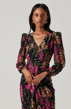 Floral Plunge Ruched Long Sleeve Midi Dress -Sundress Haven ADR101911 MAGENTAMULTIFRL 2