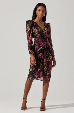 Floral Plunge Ruched Long Sleeve Midi Dress -Sundress Haven ADR101911 MAGENTAMULTIFRL 3