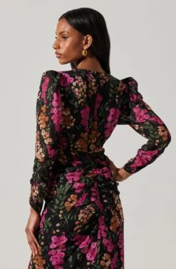 Floral Plunge Ruched Long Sleeve Midi Dress -Sundress Haven ADR101911 MAGENTAMULTIFRL 5