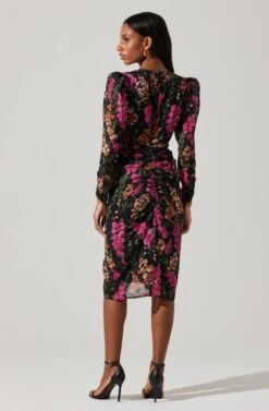 Floral Plunge Ruched Long Sleeve Midi Dress -Sundress Haven ADR101911 MAGENTAMULTIFRL 6
