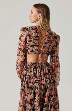 Floral Lace Back Long Sleeve Maxi Dress -Sundress Haven ADR102039 ORANGEBLACKFLORAL 2