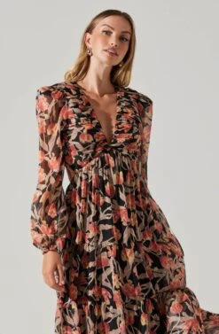 Floral Lace Back Long Sleeve Maxi Dress -Sundress Haven ADR102039 ORANGEBLACKFLORAL 5