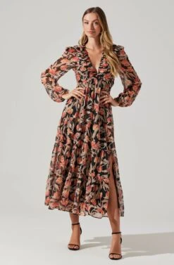 Floral Lace Back Long Sleeve Maxi Dress -Sundress Haven ADR102039 ORANGEBLACKFLORAL 6