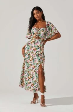 Lace Up Flutter Sleeve Cut Out Midi Dress -Sundress Haven ALD44563 PINKGREENMULTIFL 1 800a4ad1 d74b 4aba b7b7 22f524740606