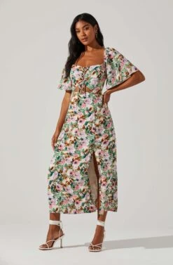 Lace Up Flutter Sleeve Cut Out Midi Dress