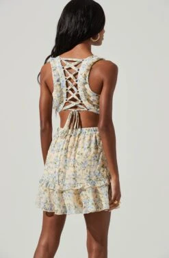 Lace Up Back Floral Cutout Eyelet Mini Dress -Sundress Haven ALD44789 YELLOWBLUEFLORAL 3