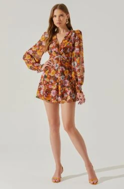 Long Sleeve Back Tie Floral Romper 20 Long Sleeve Back Tie Floral Romper -Sundress Haven AP7263 YELLOWSPICEFLORAL 1