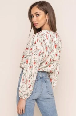 Pleated Surplice Floral Long Sleeve Top -Sundress Haven AT15081B IVO CORAL SKETCH FL 5B