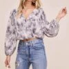 Pleated Surplice Long Sleeve Top