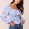 Long Sleeve Square Neck Floral Smocked Top