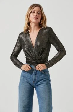 Twist Front Deep V Metallic Bodysuit