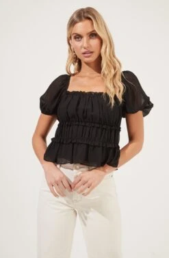 Ruched Ruffle Short Sleeve Top -Sundress Haven AT16103 BLACK 2