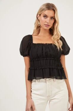 Ruched Ruffle Short Sleeve Top -Sundress Haven AT16103 BLACK 3