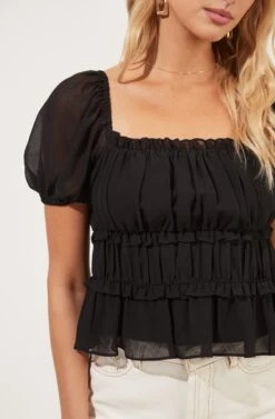 Ruched Ruffle Short Sleeve Top -Sundress Haven AT16103 BLACK 4