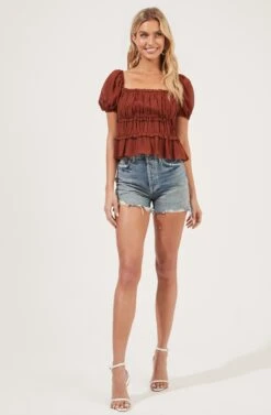 Ruched Ruffle Short Sleeve Top -Sundress Haven AT16103 NUTMEG 2