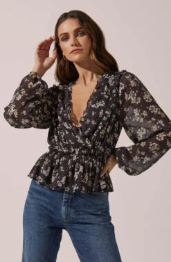 Smocked Sleeve Wrap Front Top