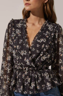 Smocked Sleeve Wrap Front Top -Sundress Haven AT16215 003 GREY PEACHFLORAL 3