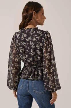 Smocked Sleeve Wrap Front Top -Sundress Haven AT16215 003 GREY PEACHFLORAL 4