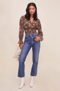 Long Sleeve Smocked Waist Surplice Top -Sundress Haven AT16307 BROWNBLUEFLORAL 1