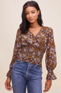 Long Sleeve Smocked Waist Surplice Top