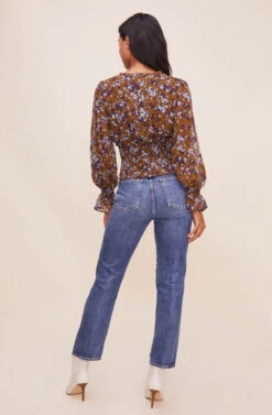 Long Sleeve Smocked Waist Surplice Top -Sundress Haven AT16307 BROWNBLUEFLORAL 14