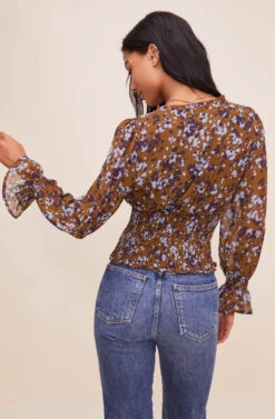 Long Sleeve Smocked Waist Surplice Top -Sundress Haven AT16307 BROWNBLUEFLORAL 17