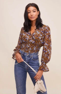 Long Sleeve Smocked Waist Surplice Top -Sundress Haven AT16307 BROWNBLUEFLORAL 3