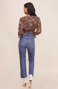 Long Sleeve Smocked Waist Surplice Top -Sundress Haven AT16307 BROWNBLUEFLORAL 6