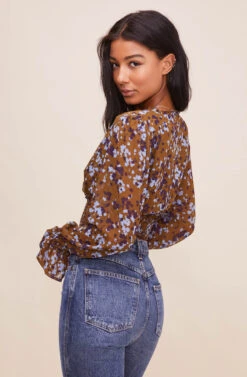 Long Sleeve Smocked Waist Surplice Top -Sundress Haven AT16307 BROWNBLUEFLORAL 7