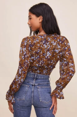 Long Sleeve Smocked Waist Surplice Top -Sundress Haven AT16307 BROWNBLUEFLORAL 8