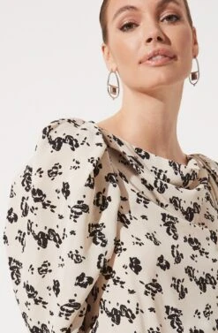 Cinched Sleeve Cowl Neck Top -Sundress Haven AT16330 OFF WHITE BLACK FLORAL 984