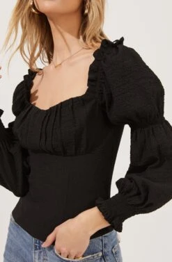 Long Sleeve Ruched Bust Top 35 Long Sleeve Ruched Bust Top -Sundress Haven AT16418 BLACK 4